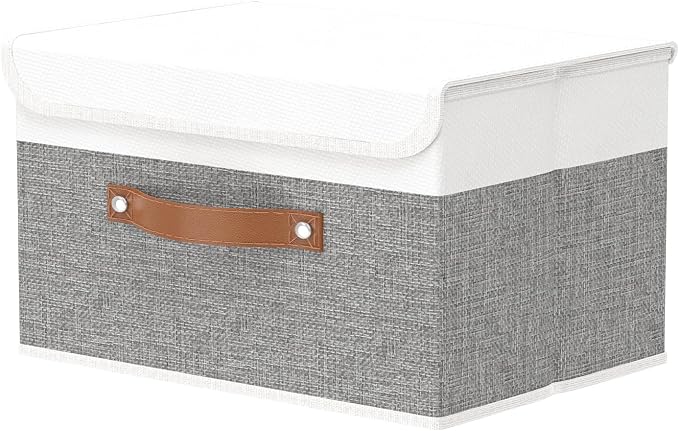 OUTBROS Large Foldable Storage Bins, 13x9.1x7.9 inch (White/Grey, 1-Pack) | Linen Fabric Box with Lid, Organiser for Shelves, Cubes For Towels, Clothes