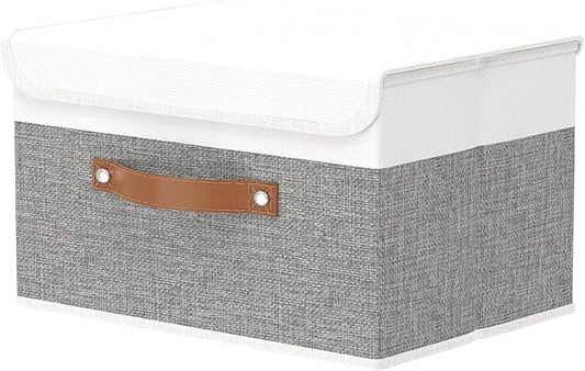 OUTBROS Large Foldable Storage Bins, 13x9.1x7.9 inch (White/Grey, 1-Pack) | Linen Fabric Box with Lid, Organiser for Shelves, Cubes For Towels, Clothes