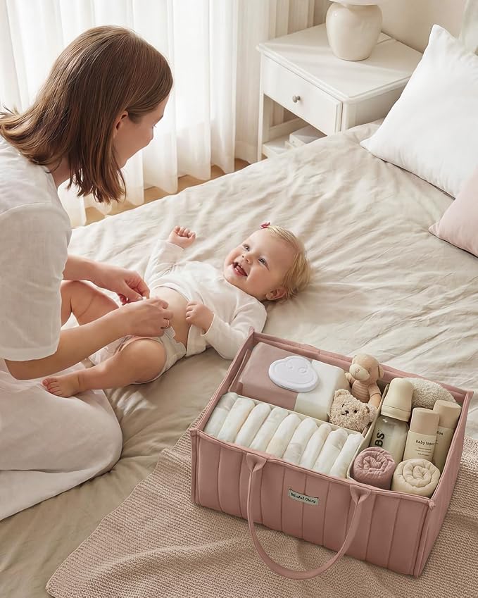 Blissful Diary Baby Diaper Caddy Organizer, Stylish Storage Basket for Newborn Essentials and Diaper Station, Gift for Baby Shower and Registry Must-Have, Blush Pink
