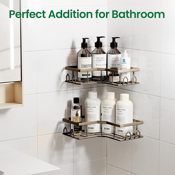 Adhesive Shower Caddy, 6 Pack Corner Bath Organizer, Rustproof Stainless Steel Shower Shelves with Large Capacity, No Drilling Shelves for Bathroom Storage, Home, Kitchen Decor (Brown).