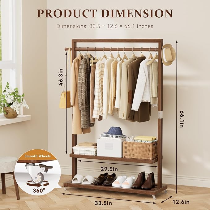 Solid Wood Clothes Rack with Wheels 3-in-1 Garment Rack Extra Long Rod 2 Shelves