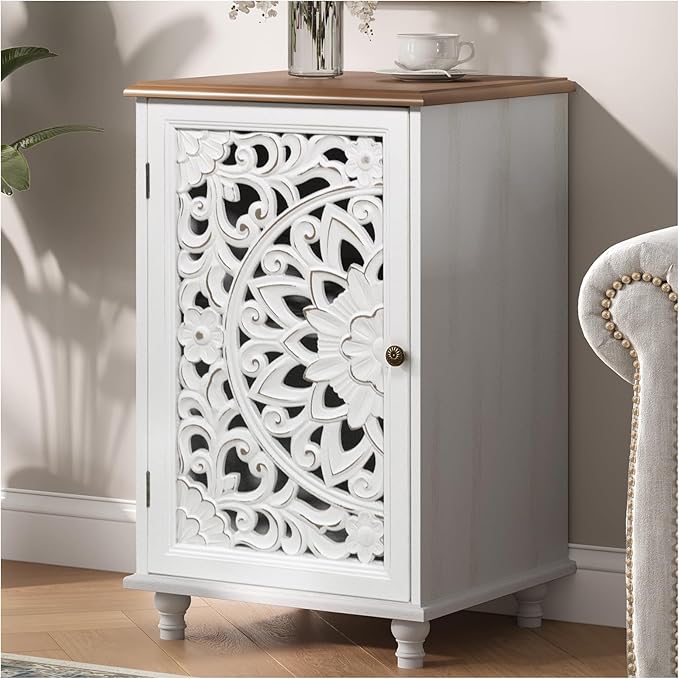 JOINICE Accent Cabinet with Hand-Carved Door for Living Room/Bedroom | Hand-Carved Floral Design, Boho/Farmhouse/Rustic Style, Space-Saving, Sofa Table/End table, Solid Wood Legs, Adjustable Shelf