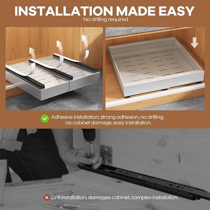 Seinloes 2Pack Expandable Pull Out Cabinet Organizer 21"Deep With Raising Pad for Framed Cabinets, Upgrade 3 Slide Rails Slide Out Drawers,Roll Out Shelves Adhesive,Adjustable Width 12.05"-20.4"Silver