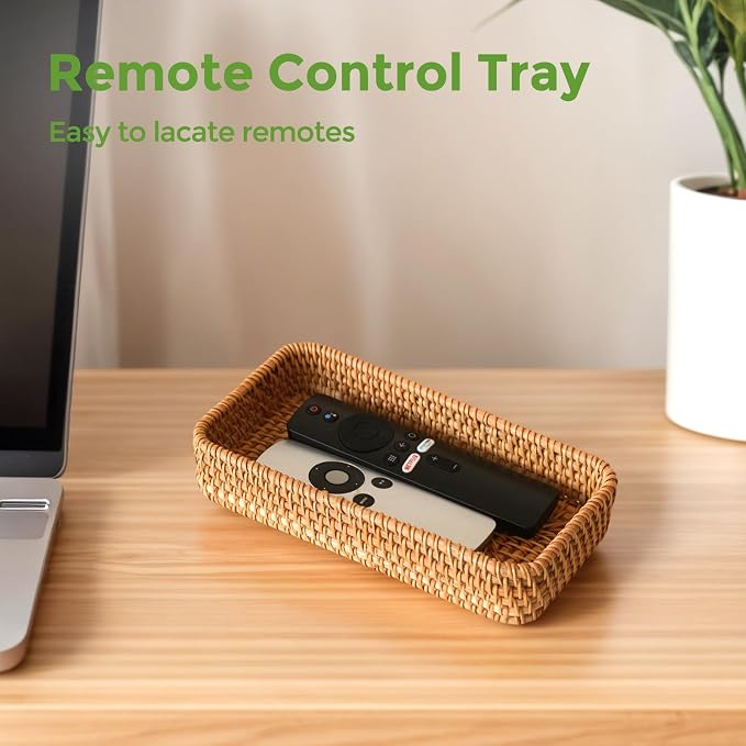 Small Rattan Serving Tray, Natural Wicker Decorative Tray (8.2" × 4.3") | Handwoven Tray for Trinket Ring Cosmetic, Rectangle Keys Basket Jewelry Perfume Trays for Coffee Table Entryway Living Room