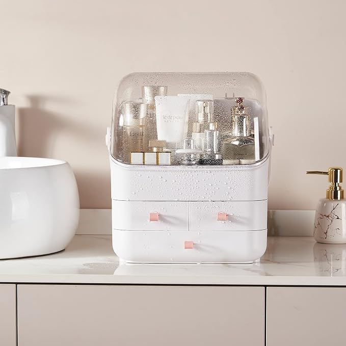 SUNFICON Makeup Organizer Cosmetic Organizer Makeup Storage Holder Box Crystal Clear Lid w Handheld 3 Drawers Dustproof Waterproof for Vanity Bathroom Countertop Birthday