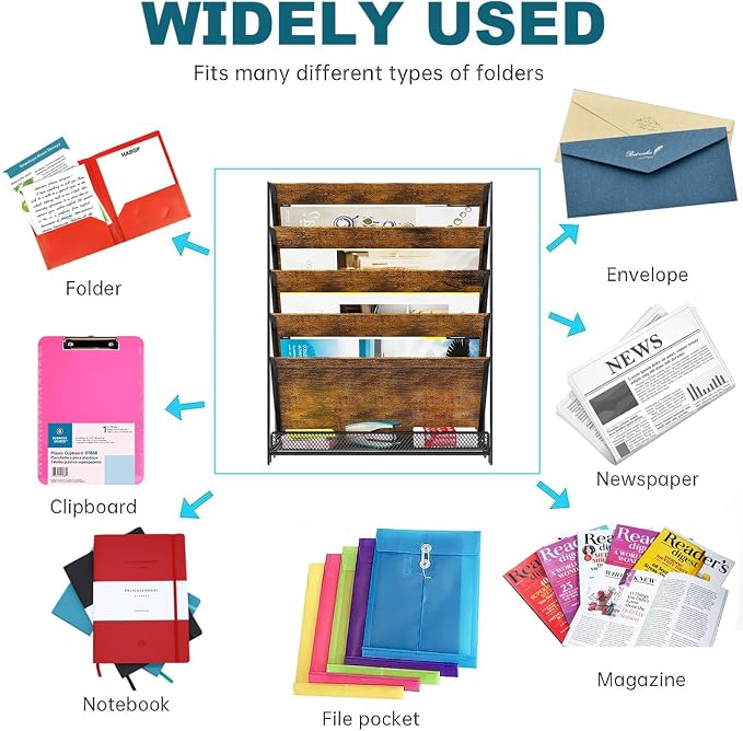 Wall File Organizer for Office, 6-Tier Rustic Hanging File holder Wall Storage Rack for Documents/Magazine/Literature/File Folders/Mails/Envelopes, Brown