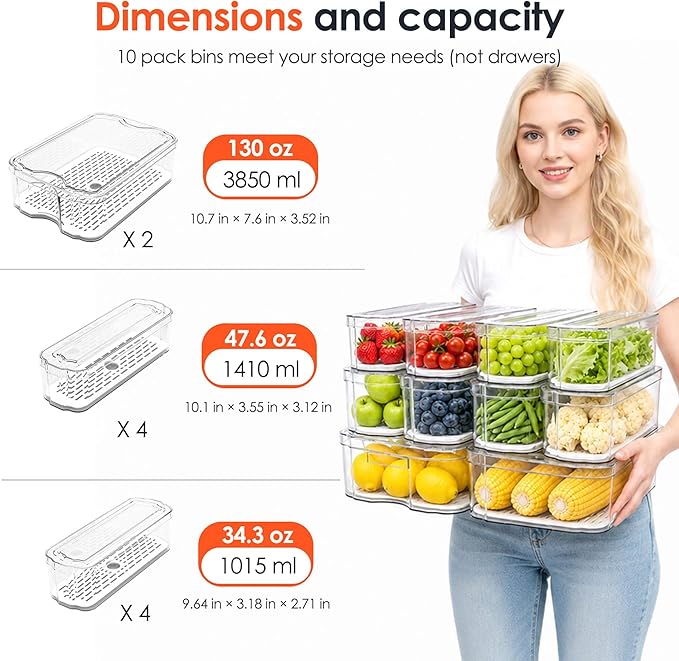 SMRCAD 10 Pack Clear Fridge Organizer Bins with Drain Trays - Stackable | BPA-Free PET, 10 Pack: 10 lidded Bins (Not drawer), Helps Keep Produce Fresh, 17.4L Capacity, Hand Wash Only