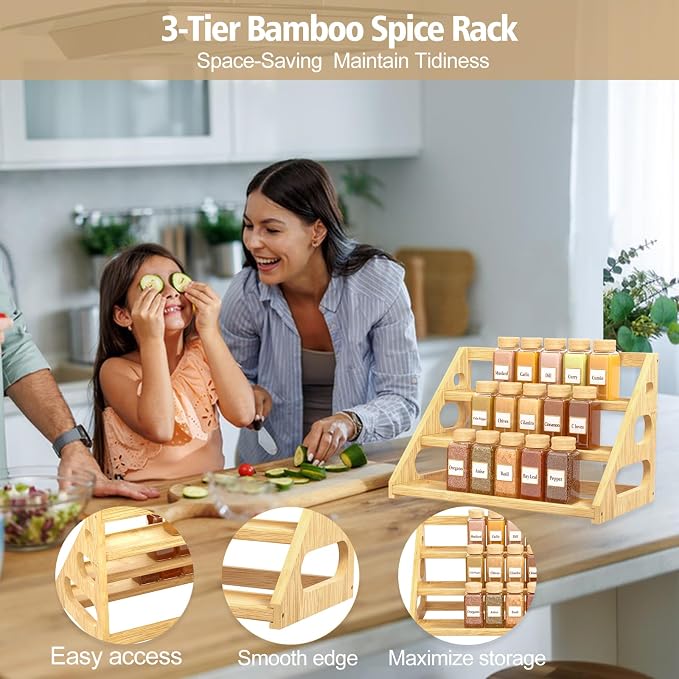 Spice Rack - Tiered Spice Rack Organization for Cabinet - 3 Tier Bamboo Display Spice Shelf for Countertop