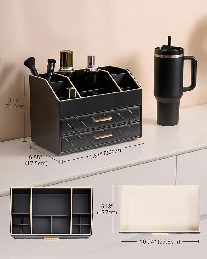 Lolalet 3-Layer PU Leather Makeup Organizer for Cosmetic Vanity -Black | Large Bedroom Dsek Countertop Cosmetic Organizer with Brush Holder, Skincare Storage for Lipsticks, Nail Polish, Perfume