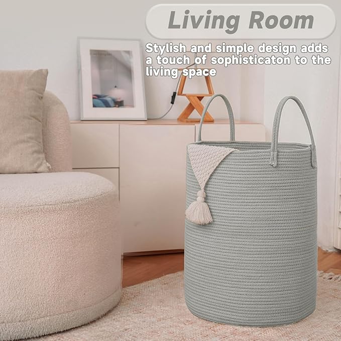 JMvicyroam 100L Cotton Rope Laundry Basket Hamper, Grey | Collapsible laundry basket, reinforced handles, freestanding, machine washable, holds 3-5 thick blankets, clothes or toys