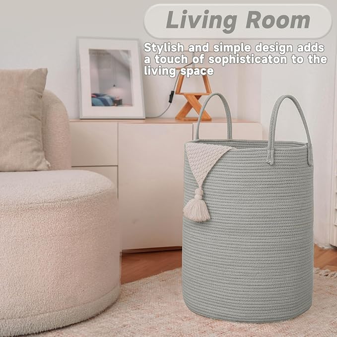 JMvicyroam 80L Cotton Rope Laundry Basket Hamper, Grey | Collapsible laundry basket, reinforced handles, freestanding, machine washable, holds 3-5 thick blankets, clothes or toys