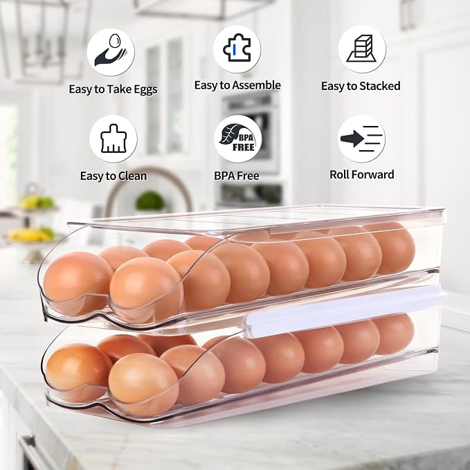 RoskDeewat Egg Holder for Fridge, Automatic Rolling Egg Container -2 Tier | Stackable Fridge Organizers and Storage with Lid, Sturdy Clear Plastic Egg Dispenser & Tray for Refrigerator