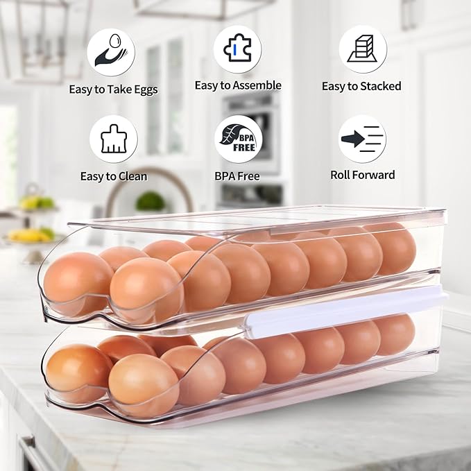 RoskDeewat Egg Holder for Fridge, Automatic Rolling Egg Container -1 Tier | Stackable Fridge Organizers and Storage with Lid, Sturdy Clear Plastic Egg Dispenser & Tray for Refrigerator