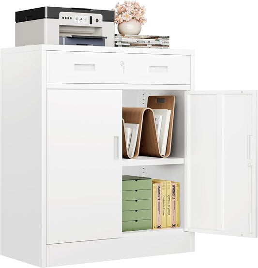 CJF Metal Storage Cabinet, Locking Storage Cabinet with 1 Drawer and Adjustable Shelf, 36" H x 28" W x 16" D White Metal Cabinets for Office, Home, Garage