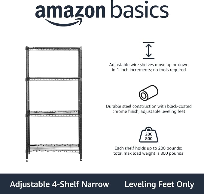 Amazon Basics 4-Shelf Steel Wire Storage Shelves for Garage, Adjustable Metal Shelving Unit, 200 lbs Per Shelf, 23.2" W x 48" H x 13.4" D, Black | Sturdy