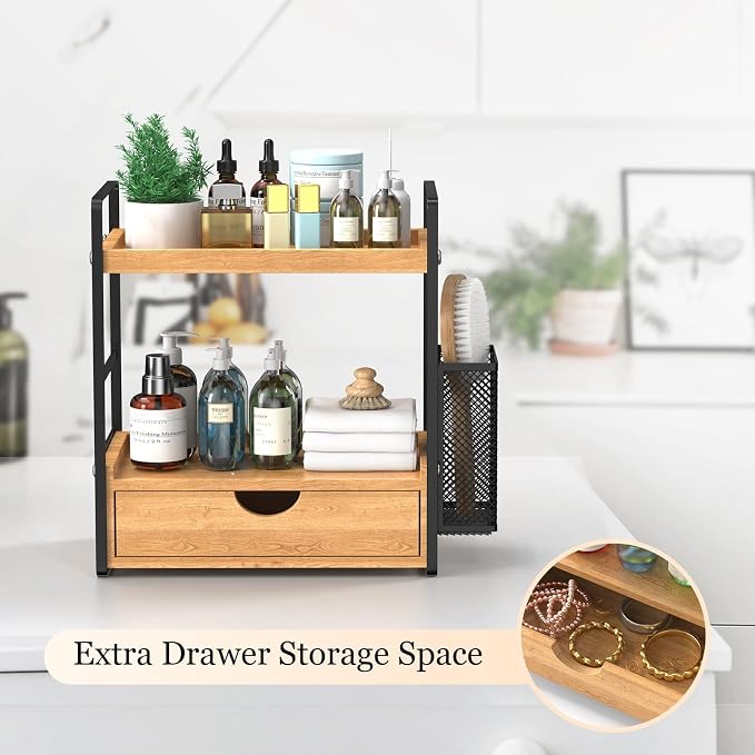 Bathroom Counter Organizer with Drawer and Basket,Wood Countertop Organizer for Bathroom Decor Makeup Tray for Perfume Skincare Bedroom Kitchen Corner