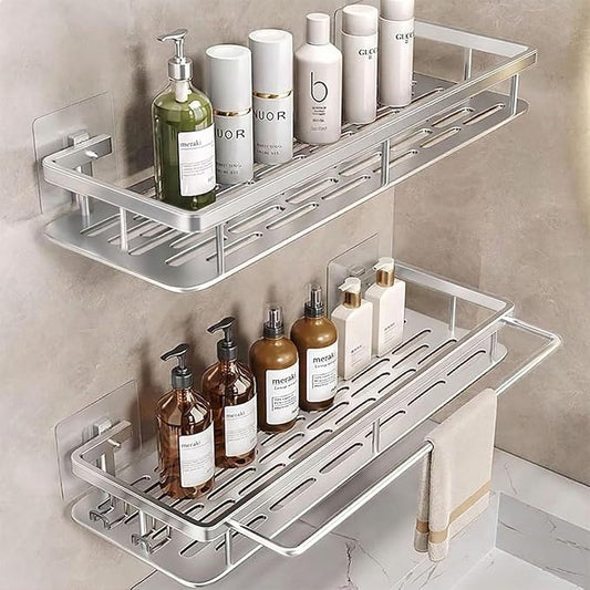EVALAND Self Adhesive Shower Caddy Organizer 2-Pack No-Drill Storage | Hooks and Rod for Towels, Shower Shelves for Inside Shower, Bathtub Shelf, Rustproof, Rack, Easy Installation, Sturdy