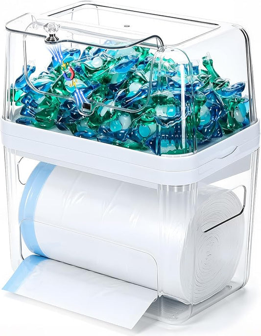 Trash Bag Dispenser & Dishwasher Pod Holder, 3-in-1 Trash Bag Holder Laundry Pods Container with Moisture-Proof Lid, Acrylic Garbage Bag Dispenser for Under Sink Organizer Laundry Room Organization
