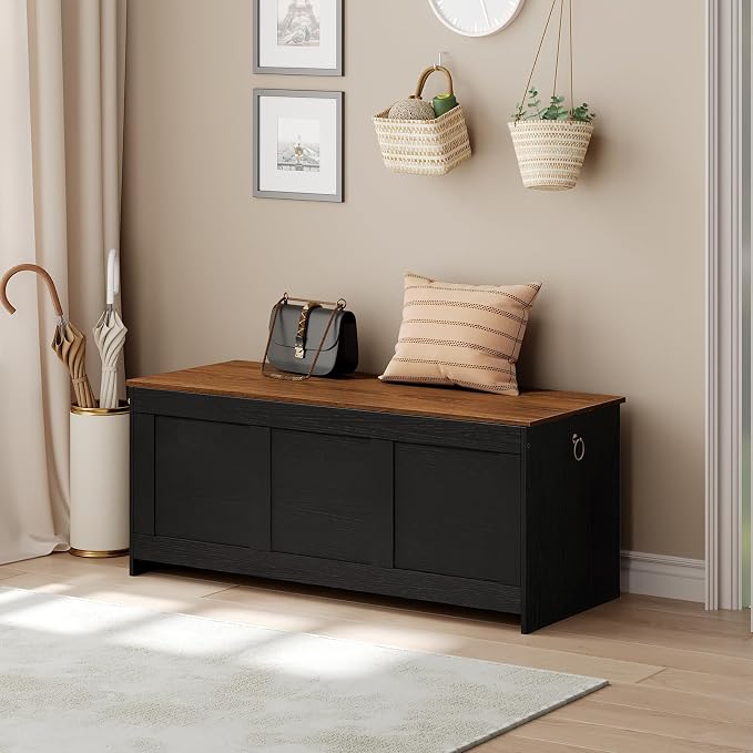 HOOBRO Storage Bench, 47.2" Retro Wooden Storage Chest, Wooden Storage Trunk, Toy Chest with Lift Top, Multifunctional Entryway Organizer, for Entryway, Living Room, Black and Walnut BH412CW01