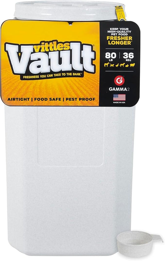 Vittles Vault Traditional Pet Food Storage Container For Dog Kibbles/Bird Seed/Oatmeal/Rice/Flour/Cereal, BPA Free Plastic, Sealed Airtight For Cat Food, Up To 80 lb, Made in USA, With Scoop, Gray