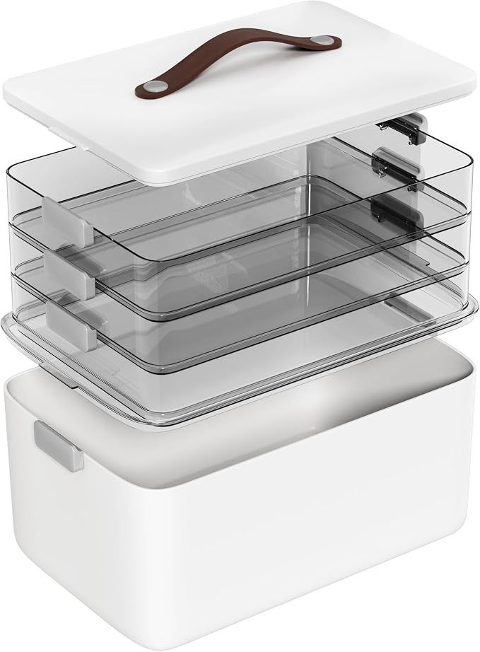 MOPALL Craft Medicine Cabinet Organizers Storage Box for Art Supply Sewing | 4-Tier Mega Capacity, Portable Latch Bin with Lid, Leather Handle, Space-Saving, for Home Office, Pill Bottle, First Aid
