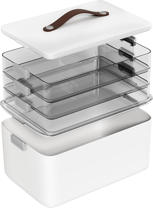 MOPALL Craft Medicine Cabinet Organizers Storage Box for Art Supply Sewing | 4-Tier Mega Capacity, Portable Latch Bin with Lid, Leather Handle, Space-Saving, for Home Office, Pill Bottle, First Aid