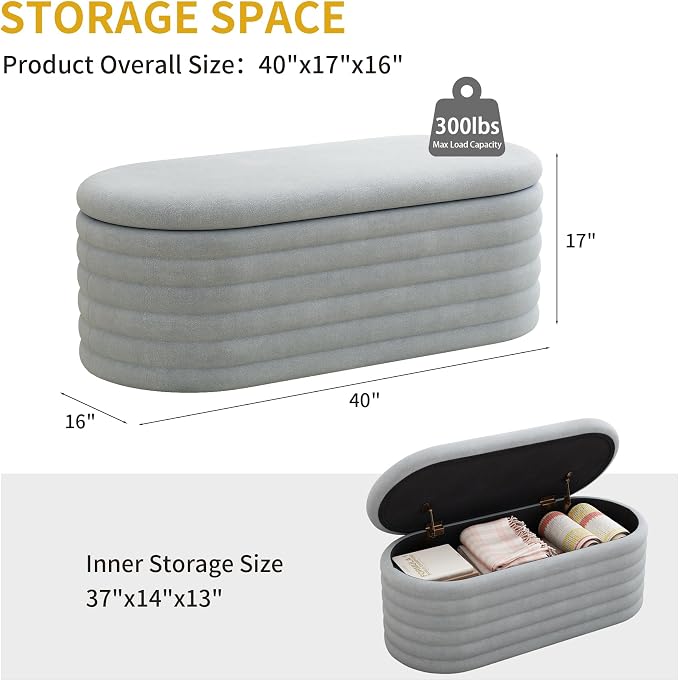 Ball & Cast Storage Ottoman Bench, 40" Chenille Upholstered Storage Bench for Bedroom End of Bed,Oval Ottoman with Storage,Entryway Bench with Safty Hinges for Living Room,Light Grey