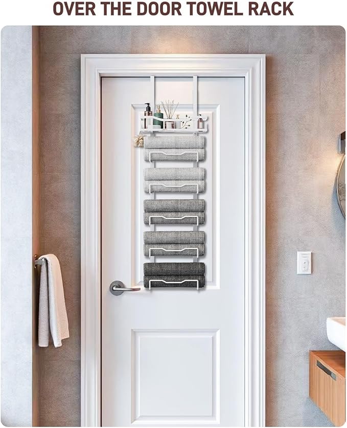 Aetyord Hanging Towel Racks for Bathroom No Drill - Over The Door 6-Tier Bath Towel Storage Organizer for Small Bathrooms - Back Door Large Tiered Towel Holder Hanger for Rolled Towels RV Camper White | 6-Tier Over The Door Bath Towel Storage Organizer...