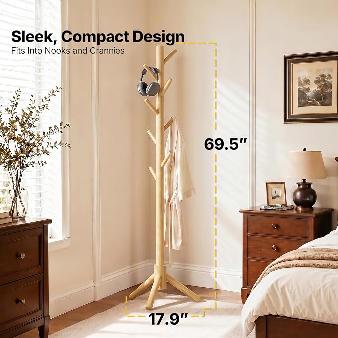 AMADA Solid Wooden Coat Rack Freestanding with 8 Hooks, Natural | 100% solid wood, 3 height options, widened base for stability, tool-free assembly, smooth rods & hooks prevent clothing snags