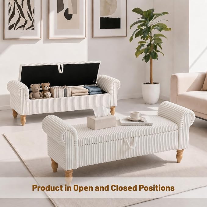 55" Bench for End of Bed Storage Benches, Queen End of Bed Bench Corduroy Upholstered Storage Ottoman Window Bench with Storage, for Bedroom, Entryway, Closet, White