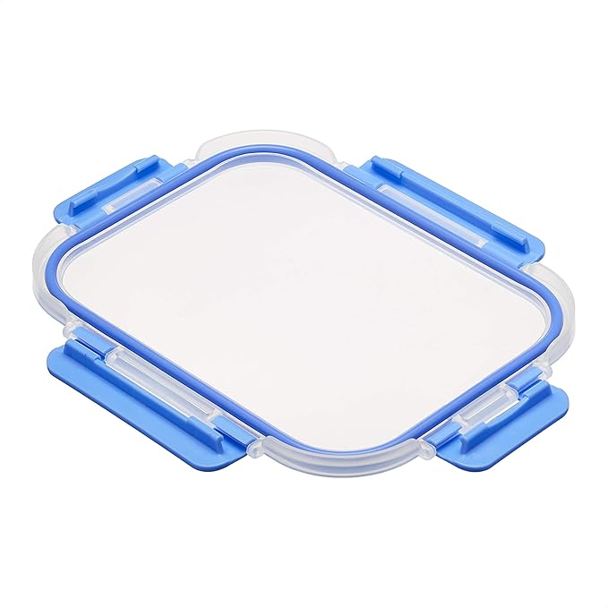 Amazon Basics Glass Food Storage Containers, Leak Proof, Oven Safe, Easy to Clean, Stain Resistant, Set of 7, 14 Pieces Including Lids, BPA-Free, Clear with Blue Silicone Ring