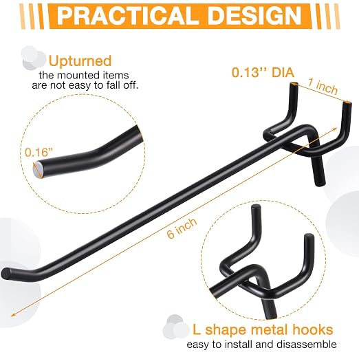 200 Pcs Peg Board Shelving Hooks Stainless Steel Hanging Board Pegs Wall Display Hooks Bulk for 1/8 1/4 Garage Storage Organizer Accessories (6 Inch,Black)