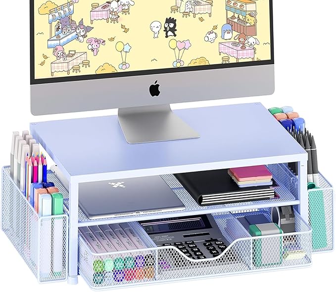 OPNICE Desk Organizers and Accessories, Computer Monitor Stand Riser with Drawer and 2 Pen Holders, Printer & Laptop Stand, Office Desk Accessories & Workspace Organizers for Home Office Supplies, Blue