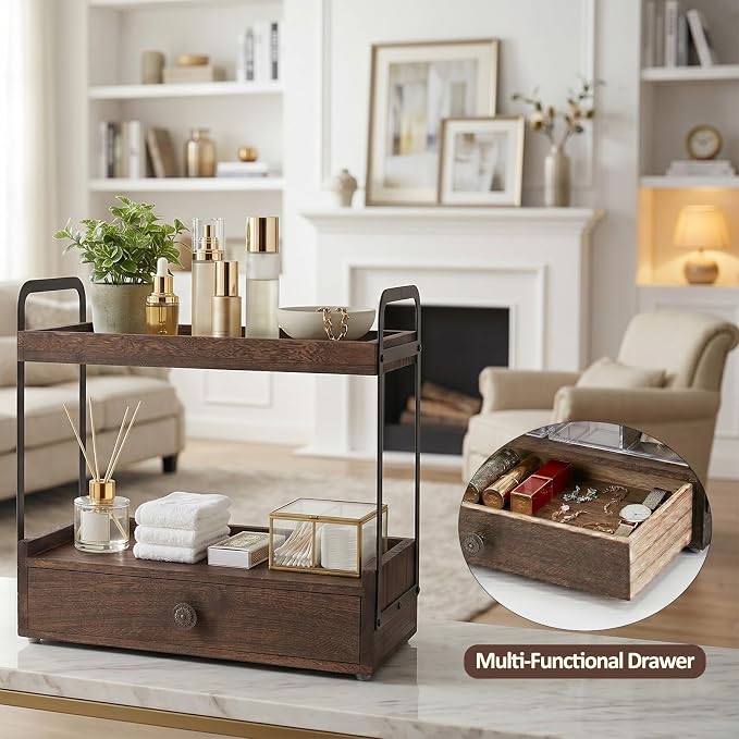 2-Tier Bathroom Counter Organizer with Drawer, Wooden Vanity Countertop Organizer for Makeup Perfume Cosmetics Skincare, Counter Shelf for Bathroom Kitchen Restroom