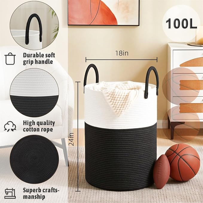 Artfeel Laundry Basket,Woven Cotton Rope Laundry Hamper,100L for Decorative Storage of Dirty Clothes,Toys and Blankets in Bathroom,Baby Room and Living Room