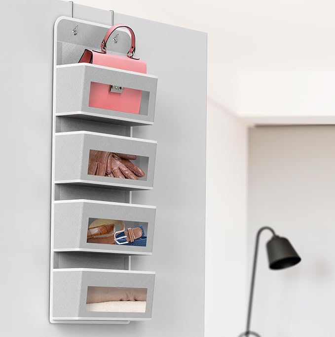 Simple Houseware 4 Clear Window Pocket Over Door Hanging Organizer, Gray | Over the Door Storage for Closet, Bedroom, Bathroom, Pantry