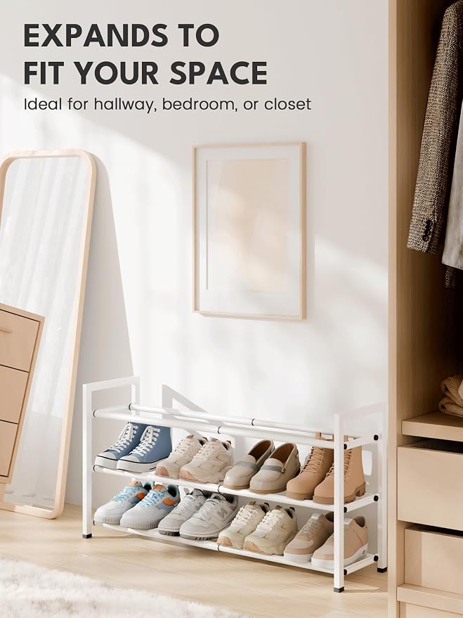 Bumusty 3 Tier Expandable Shoe Rack for Closet, White | 18"-33" Adjustable Shoe Rack for Entryway, Small Shoe Organizer for Dorm, Front Door, Sturdy Metal