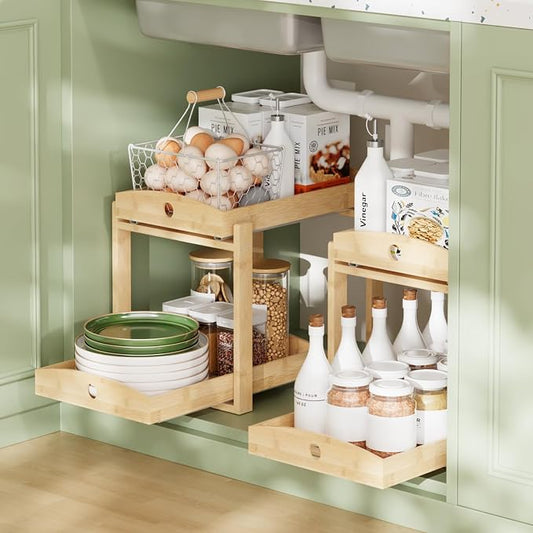 2 Pack Bamboo Under Sink Organizer, 2-Tier Sliding Drawers for Cabinets | Pull-out drawers keep cleaners and tall bottles visible, organized and easy to reach in kitchen or bathroom cabinets