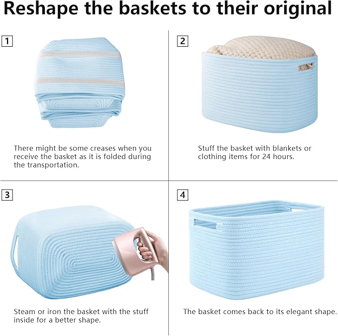 OIAHOMY 4 Pack Storage Baskets for Organizing, Cube Storage Bins for Shelves, Rectangle Storage Baskets With Handles, Woven Baskets for Storage, 12.7''Lx9''Wx7.8''H, Light Blue