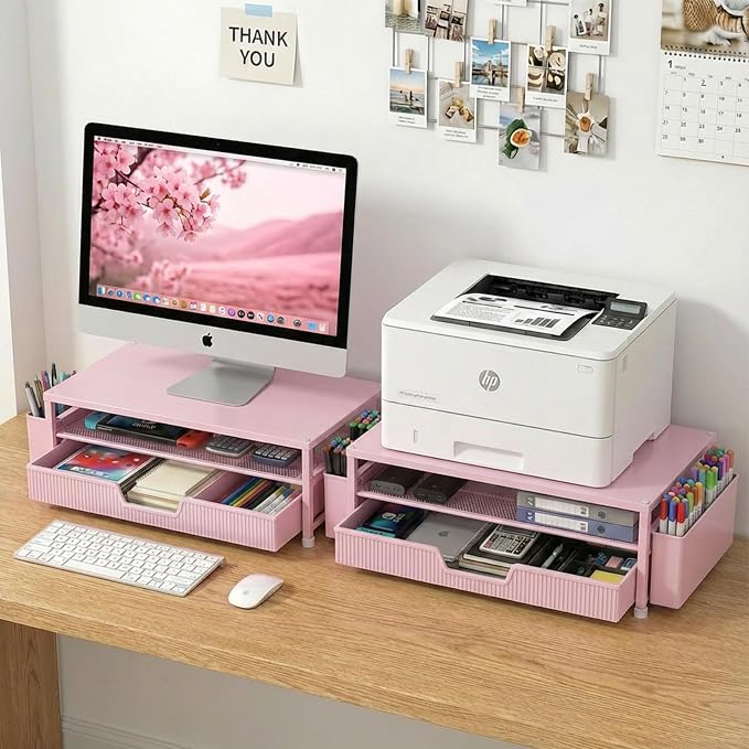 ECOLOVI Desk Organizer and Accessories, 2-Tier Computer Monitor Stand Rise with Storage Drawer & 2 Pen Holders, Laptop & Printer Stand for Desktop, Workspace Organizers for Office Supplies (Pink)