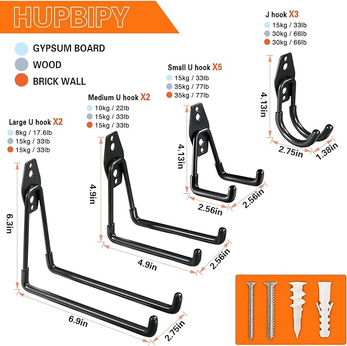 HUPBIPY 12 Pack Garage Hooks Heavy Duty, Wall Mount Ladder Hooks | Storage Organizer With a non-slip coating for Hanging Bicycles Garden Tools Ladders Hoses Ropes and Loose Items(Black)