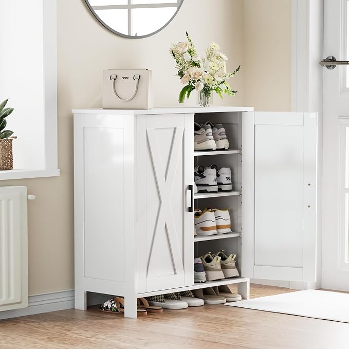 Homleke Farmhouse Shoe Cabinet with 2 Barn Doors & Wood Legs | Tall 4-Tier Shoe Storage Cabinet, 3 Adjustable Shelves, Shoe Rack Organizer, for Entryway, Hallway, Closet, White