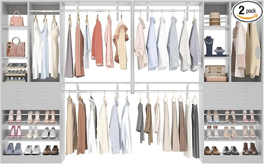 [10 FT Closet System] 120 Inch Reversible Set of 2 Wood Closet Organizer System with 4 Drawers, 6 Hanging Rods Adjustable Shelf, Shoe Rack, Morandi Grey