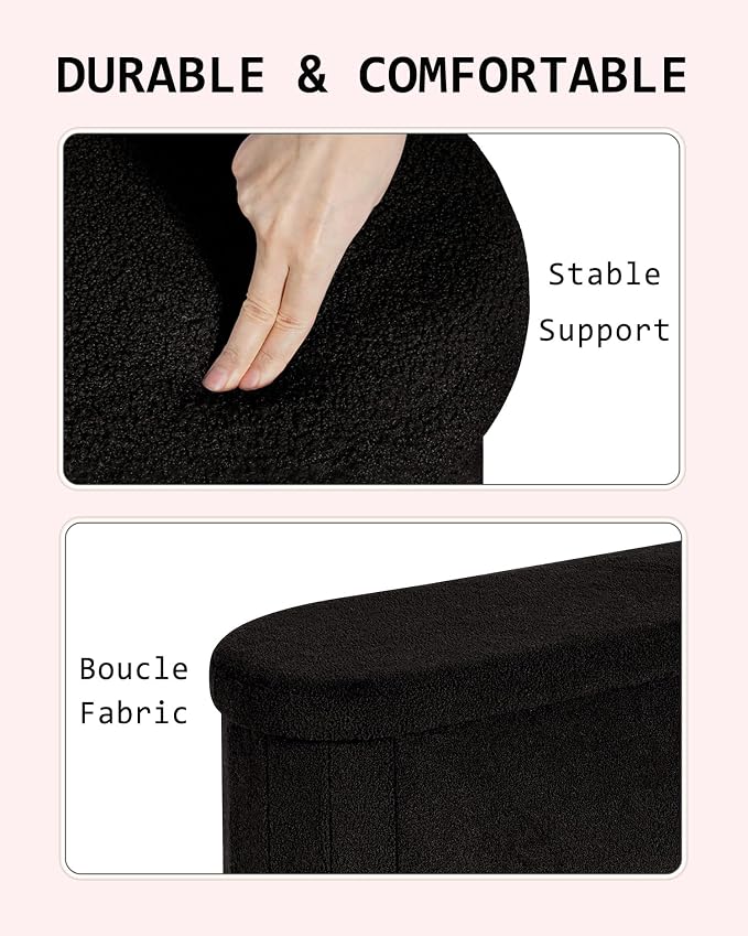 43.3 Inches Foldable Storage Ottoman Bench, Oval Footrest | Teddy Boucle Fabric, Hidden Storage, Soft Padded Seat, End Of Bed Bench For Bedroom, Living Room and Entryway, Black