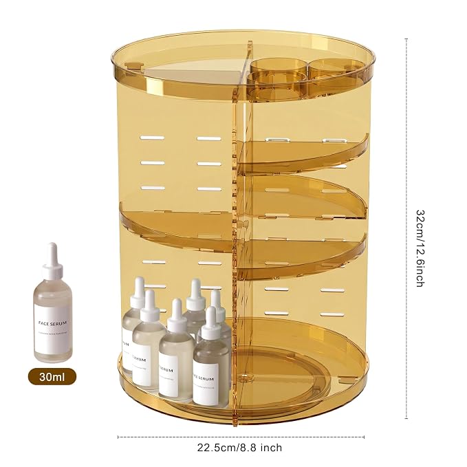 Rotating Makeup Organizer, DIY 8 Adjustable Layers Spinning Skincare Storage, Cosmetic Display Case with Brush Holder and Perfume Tray, Multi-Function Vanity Bathroom Countertop Organizer Clear Gold