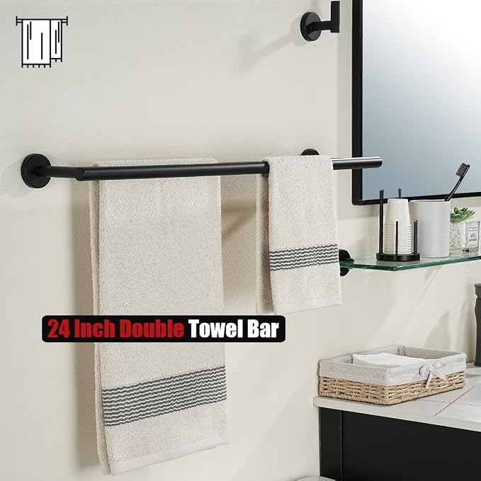 JQK Double Towel Bar 27 Inch, Matte Black Useable Length 24 Inch 304 Stainless Steel Thicken 0.8mm Bath Towel Rack for Bathroom, Towel Holder Wall Mount 2 Pack, TB100L24-PB-P2