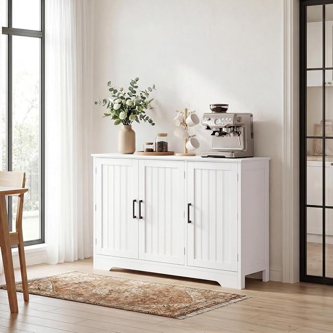 ChooChoo Modern Sideboard Buffet Cabinet with Adjustable Shelves | Coffee Bar Storage Cabinet, 3 Doors, for Kitchen, Dining Room, Living Room, White