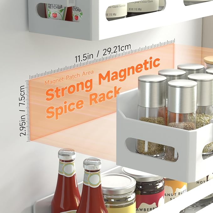 Sevenblue 6-Pack Magnetic Spice Rack for Refrigerator with Hooks, White | Strong multipurpose magnetic shelf for kitchen & bathroom organization. Includes 4 removable hooks for hanging items.