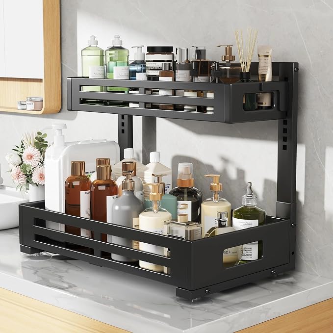 2 Pack 19IN-Depth Under Sink Organizer,Pull Out Cabinet Organizer With Smooth Cylindrical Rail,Metal Slide Out Drawer for Kitchen Bathroom Laundry,8-Level Tool Free Height Adjustable-Black