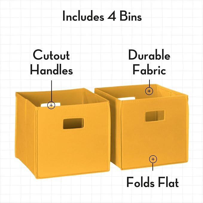 RiverRidge Folding Storage Bins - 4-pack of 10in Tall Golden Yellow Cubes | Fabric Bins, Set of 4 Storage Cubes, Cut-out Handles, Playroom Closet Organizer, Collapsible Cubby with Bottom Board Insert